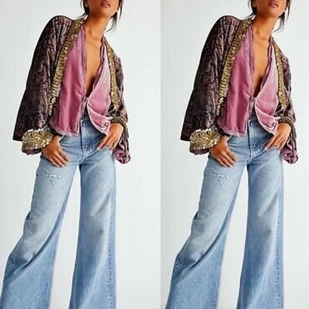 NWT🌹 Free People Layla Gold Embellished Velvet Silky Wrap Kimono Jacket, XS - Picture 7 of 13